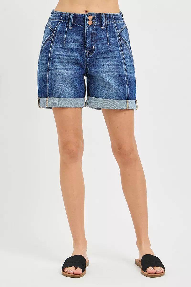 dark wash RISEN high rise roll up shorts on model