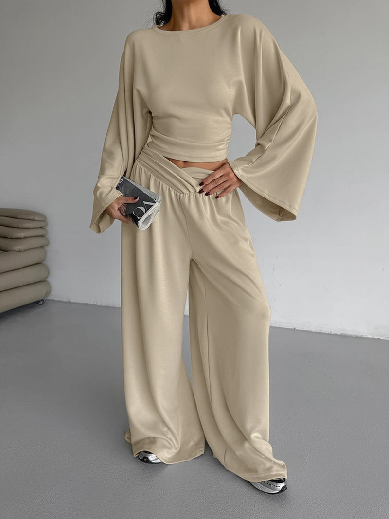 Round neck top and wide leg pants set in khaki front view