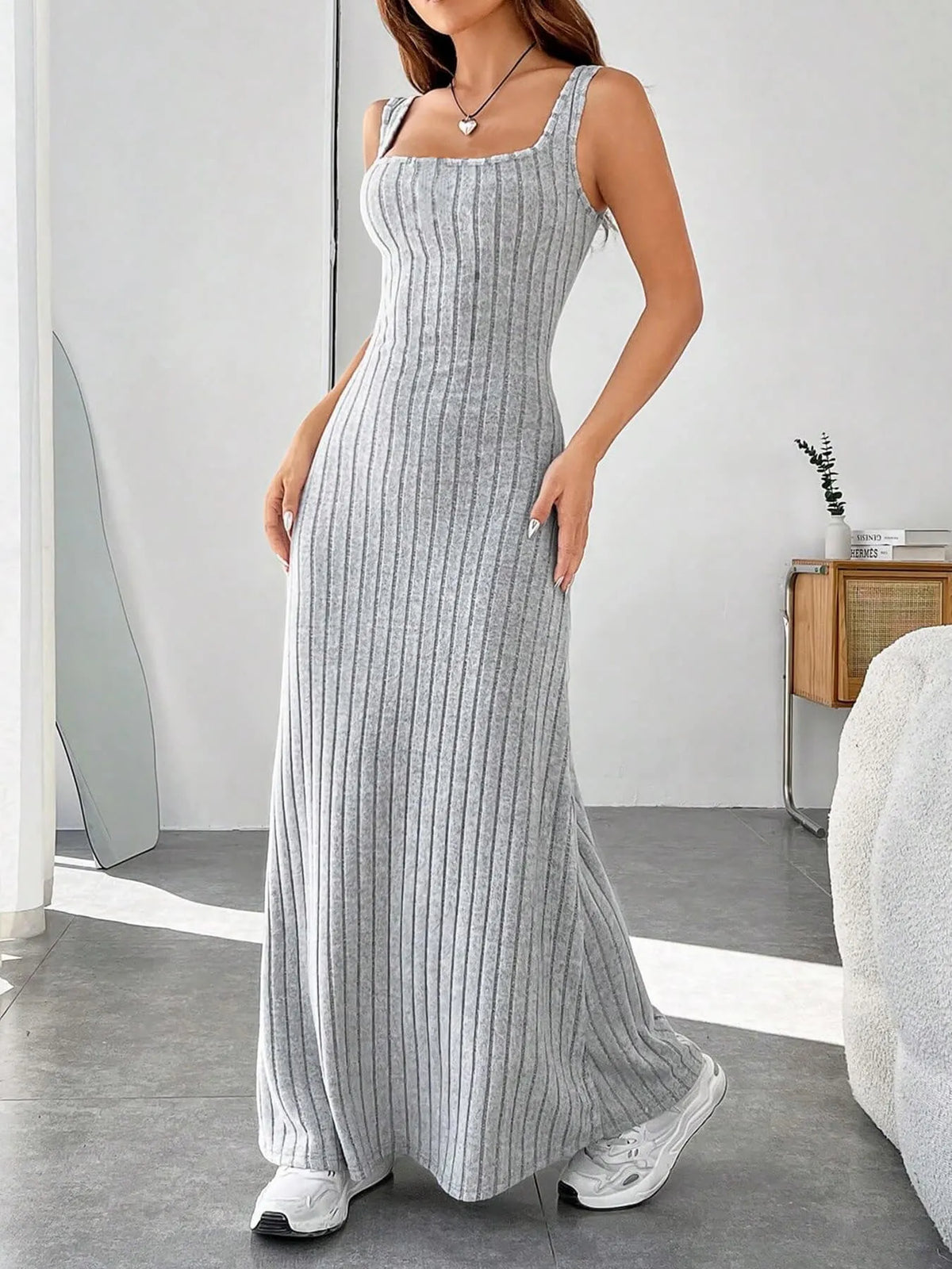 ribbed knit square neck sleeveless maxi dress fabric texture