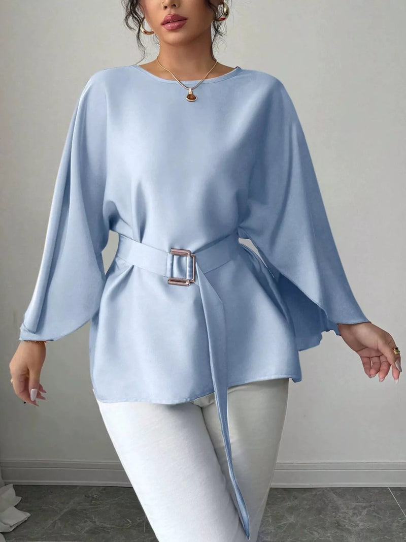 Batwing sleeve belted blouse front view