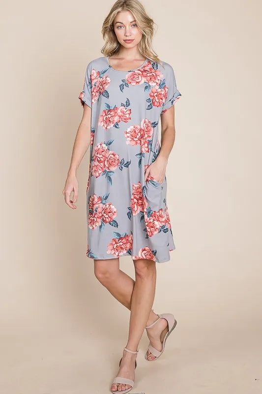 Floral Tee Dress with Pockets in Gray detail