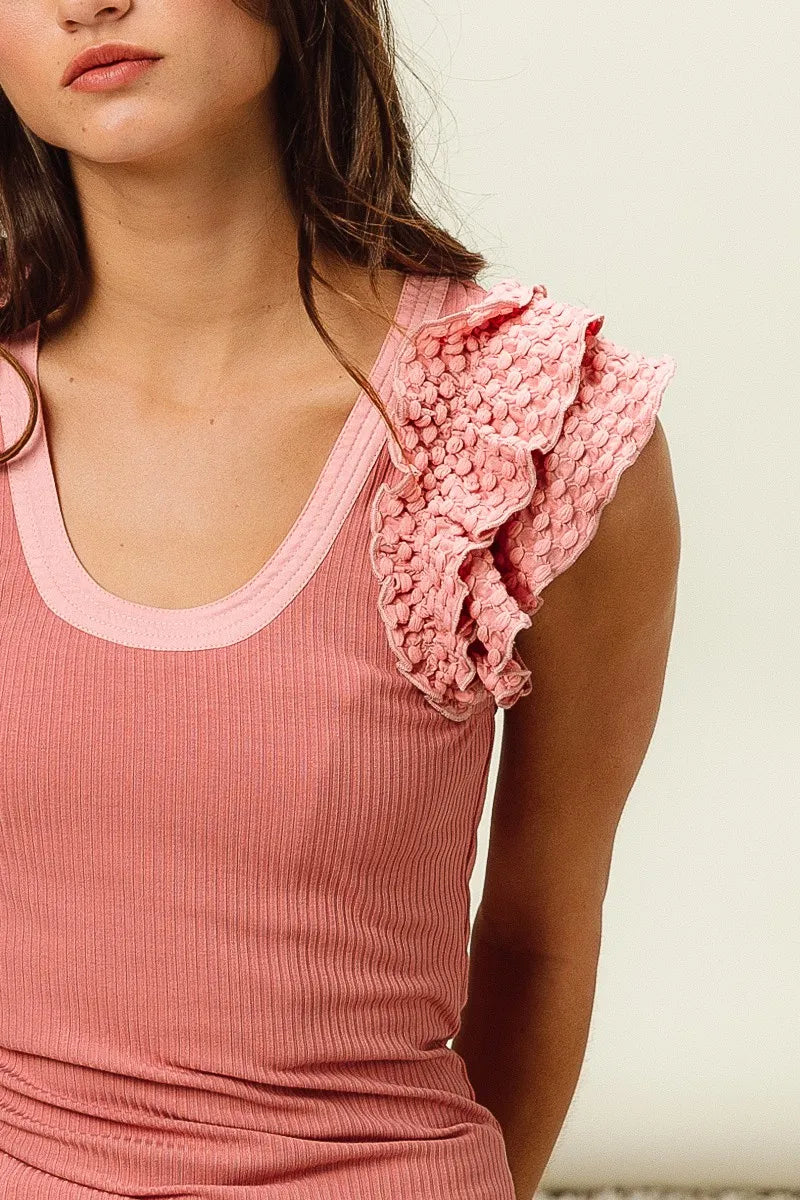 BiBi Rib Knit With Textured Ruffled Top - Fashorio