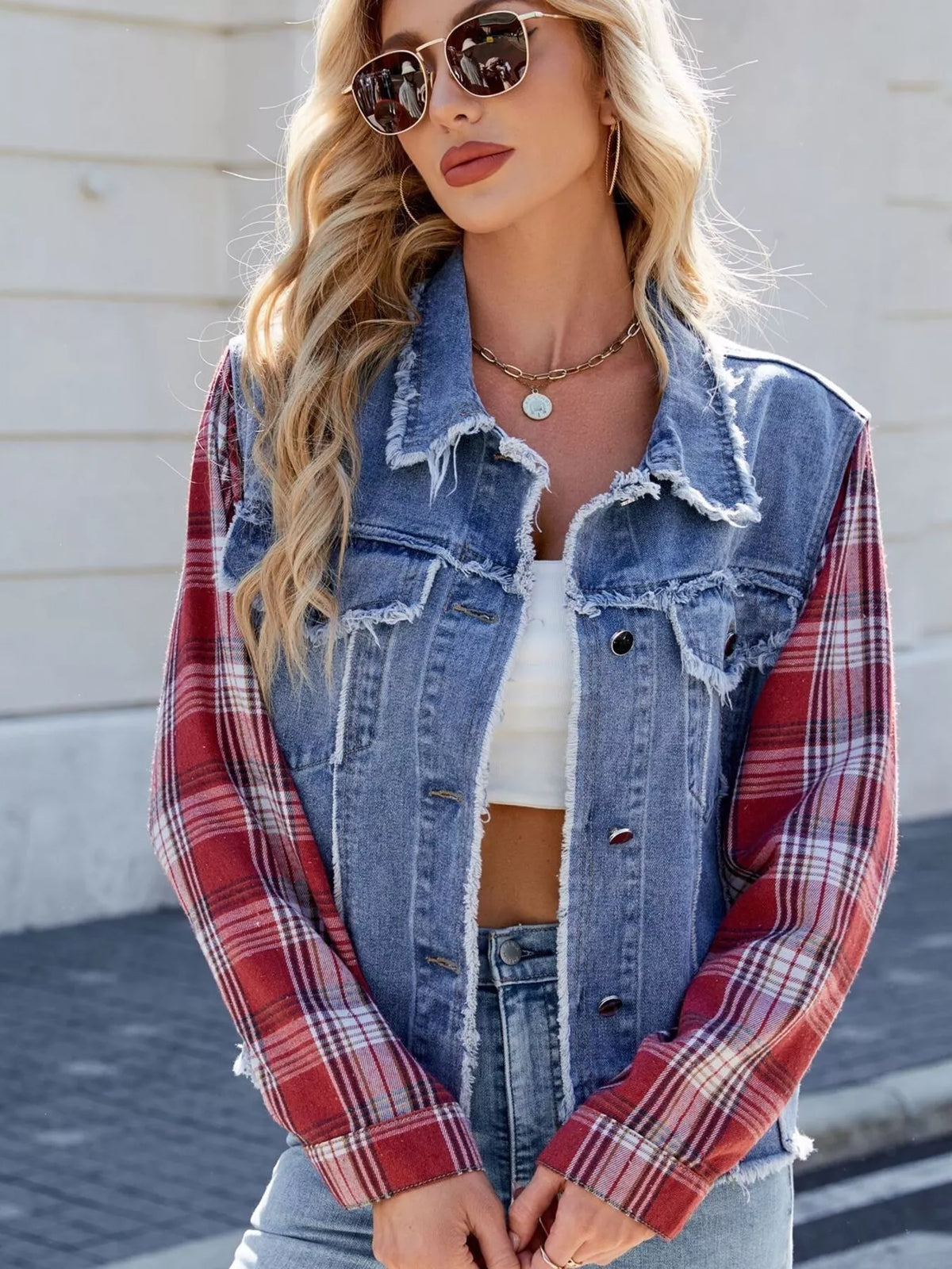 Plaid Sleeve Raw Hem Denim Jacket in Dusty Blue