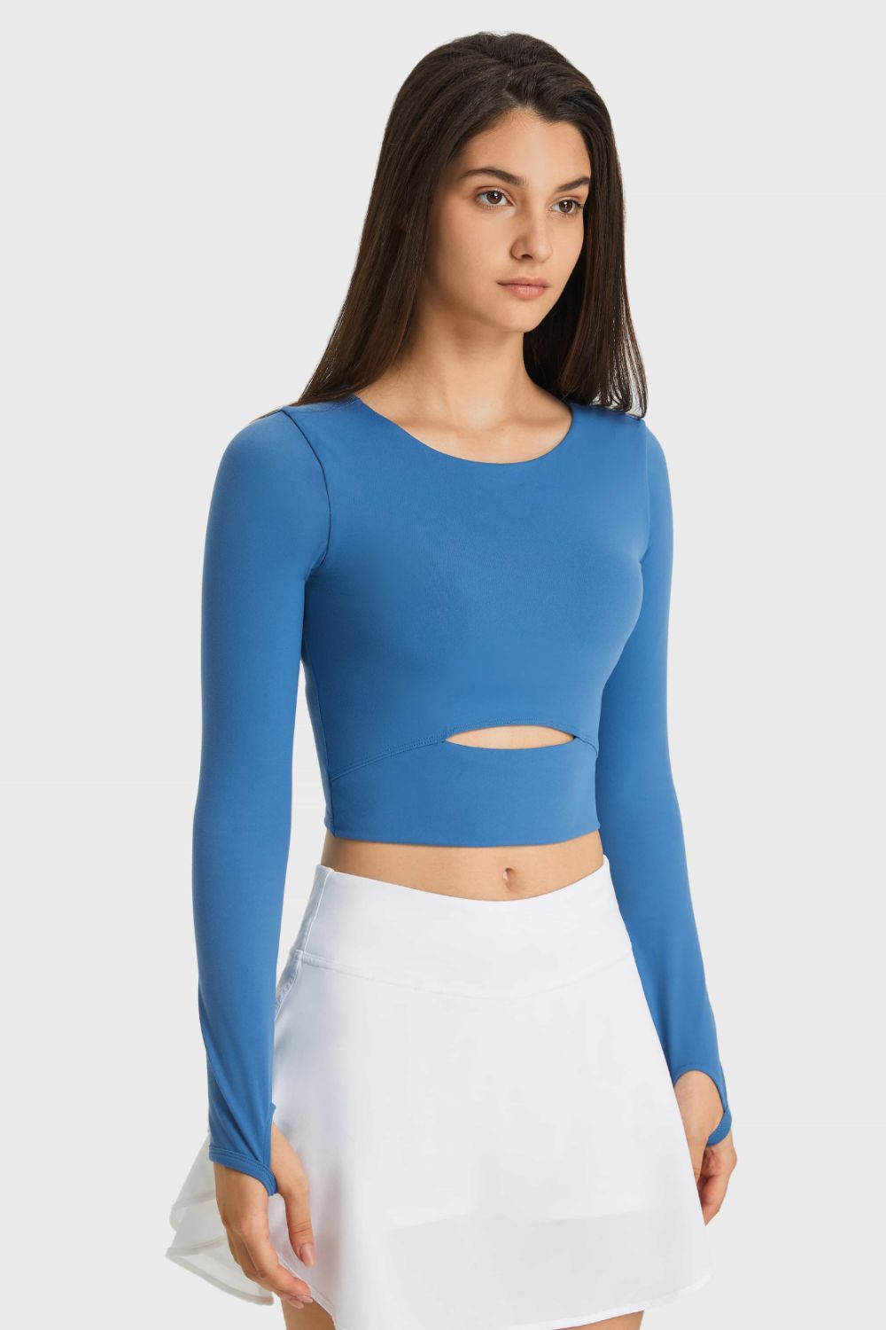 cutout long sleeve cropped sports top side view