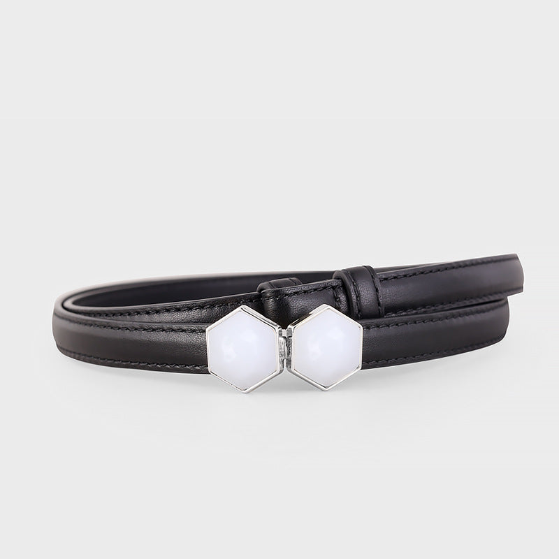 Leather belt with geometric buckle front view