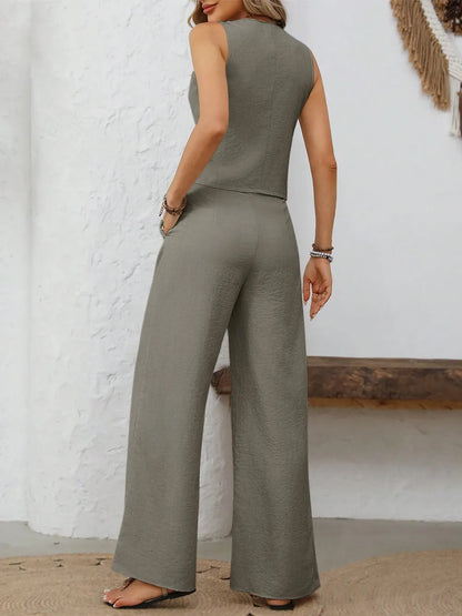 V-Neck Button Down Vest and Wide Leg Pants Set - Fashorio