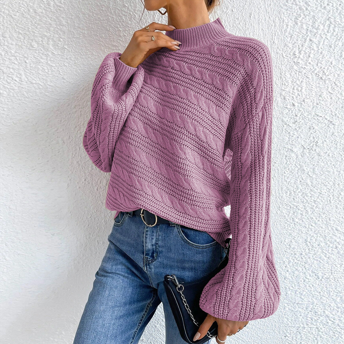 Cable-Knit Mock Neck Long Sleeve Sweater - Fashorio