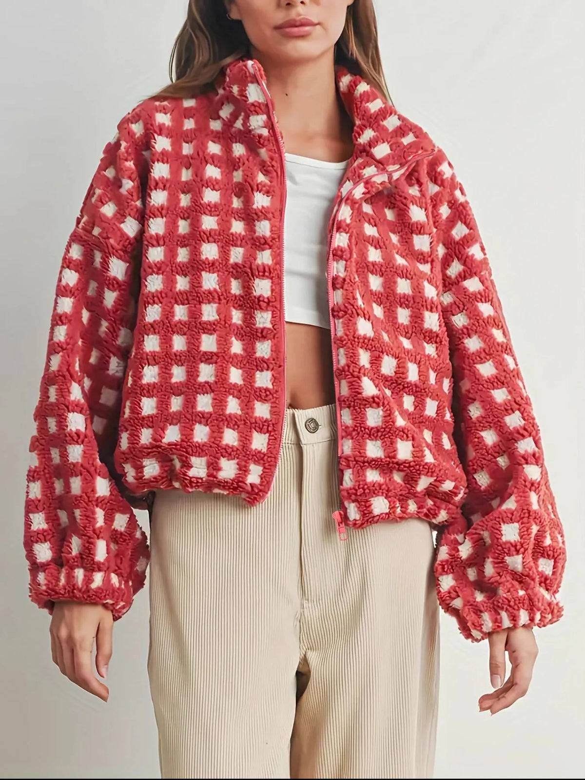 Checkered Fleece Puff Sleeve Bomber Jacket in Red