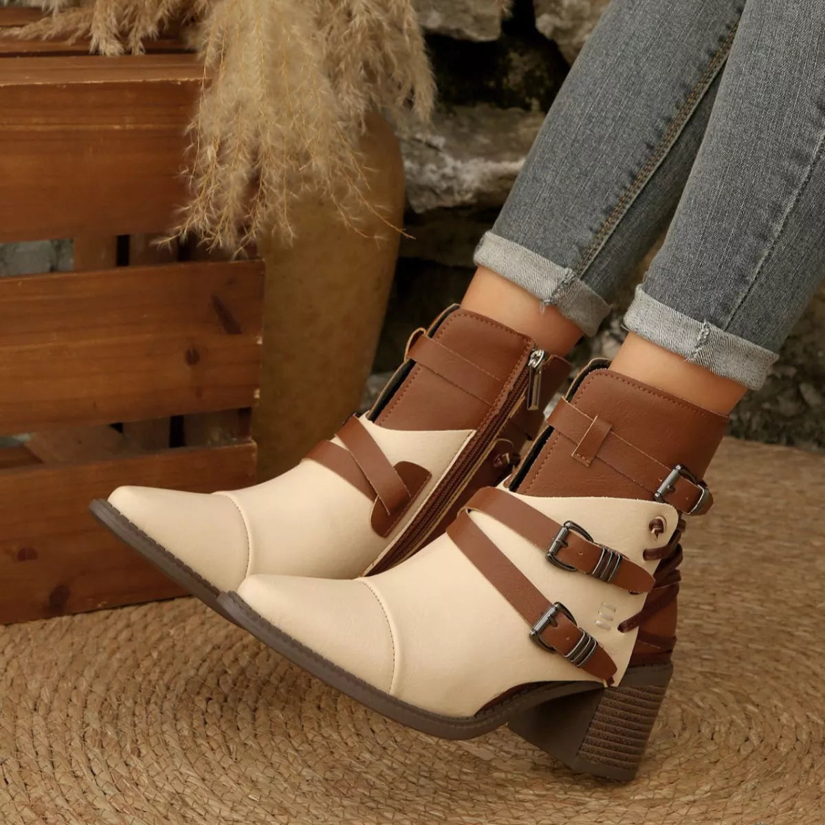 Point Toe Buckle Strap Ankle Boots with Block Heel right boot detail