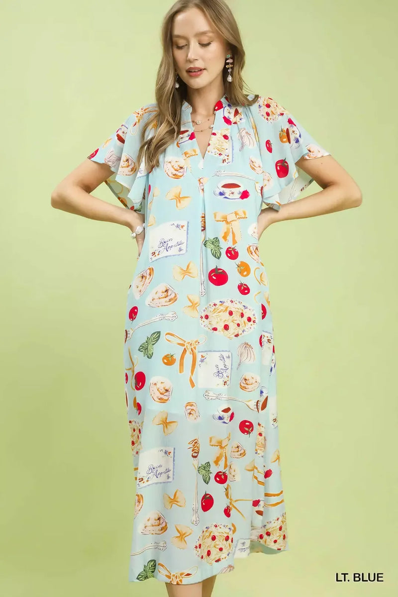 Abstract Print Flutter Sleeve Midi Dress