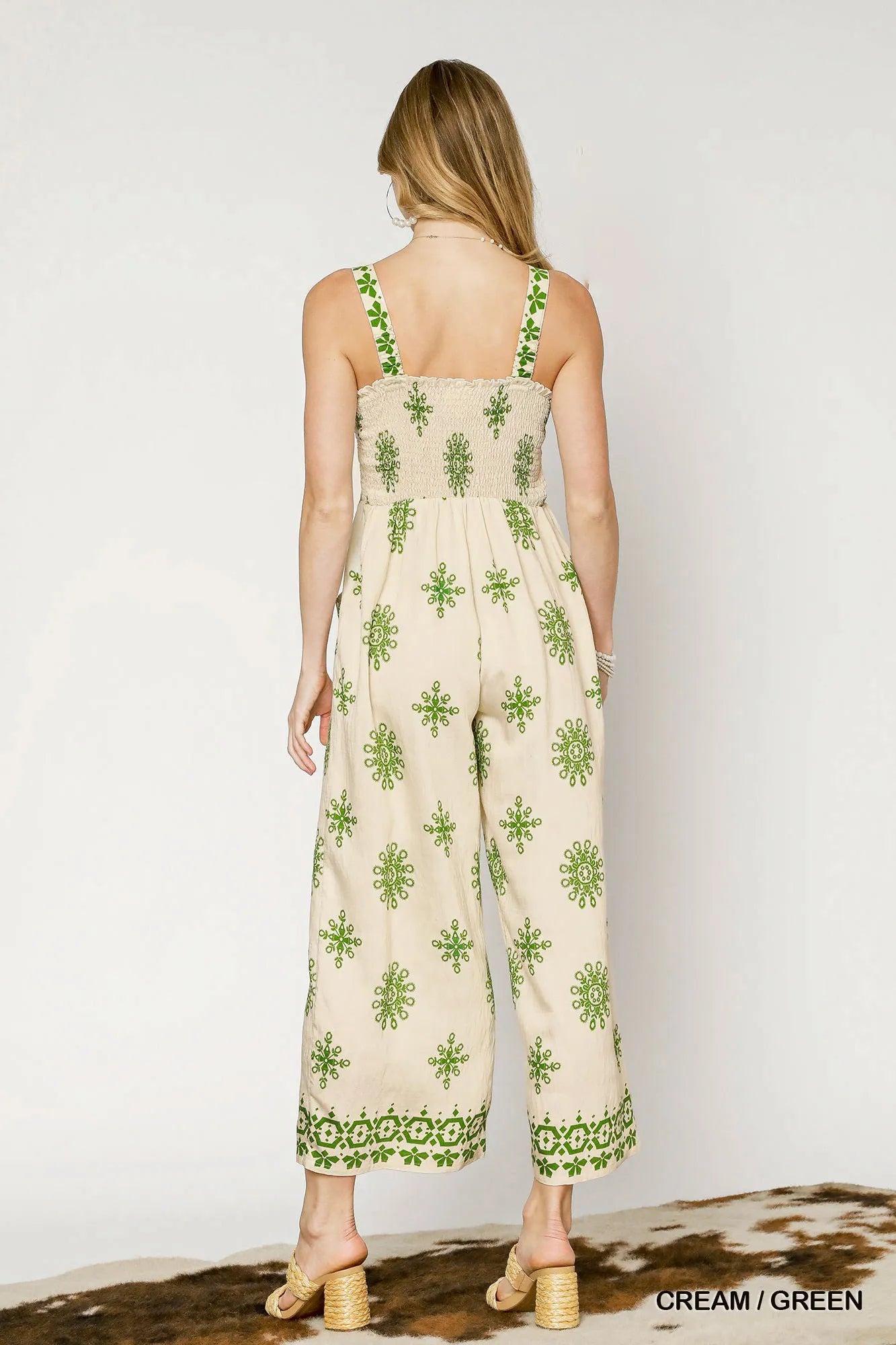 Umgee Smocked Printed Wide Leg Jumpsuit - Fashorio