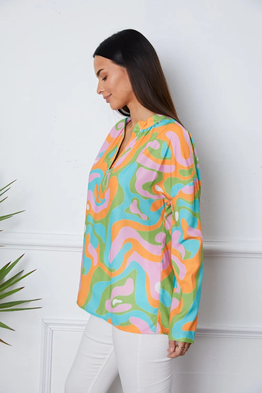 Printed Notched Long Sleeve Blouse - Fashorio