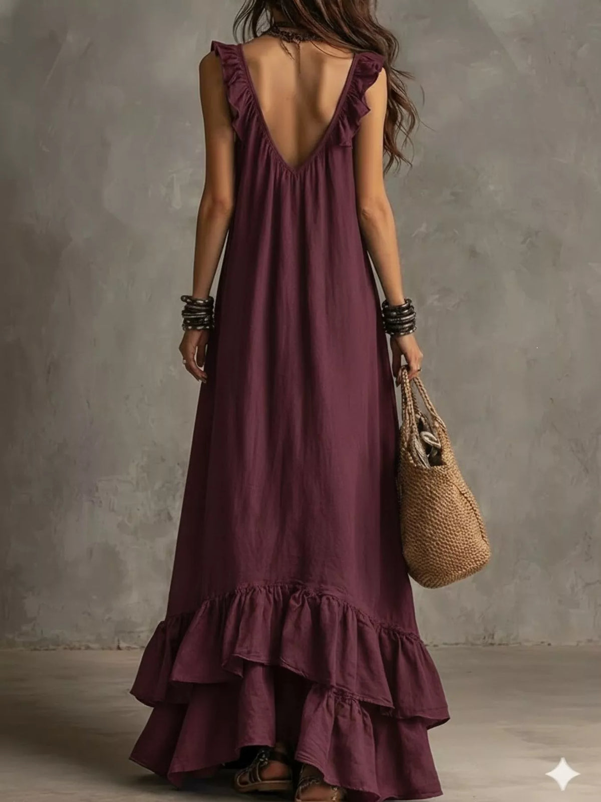 Ruffled sleeveless maxi dress detail view