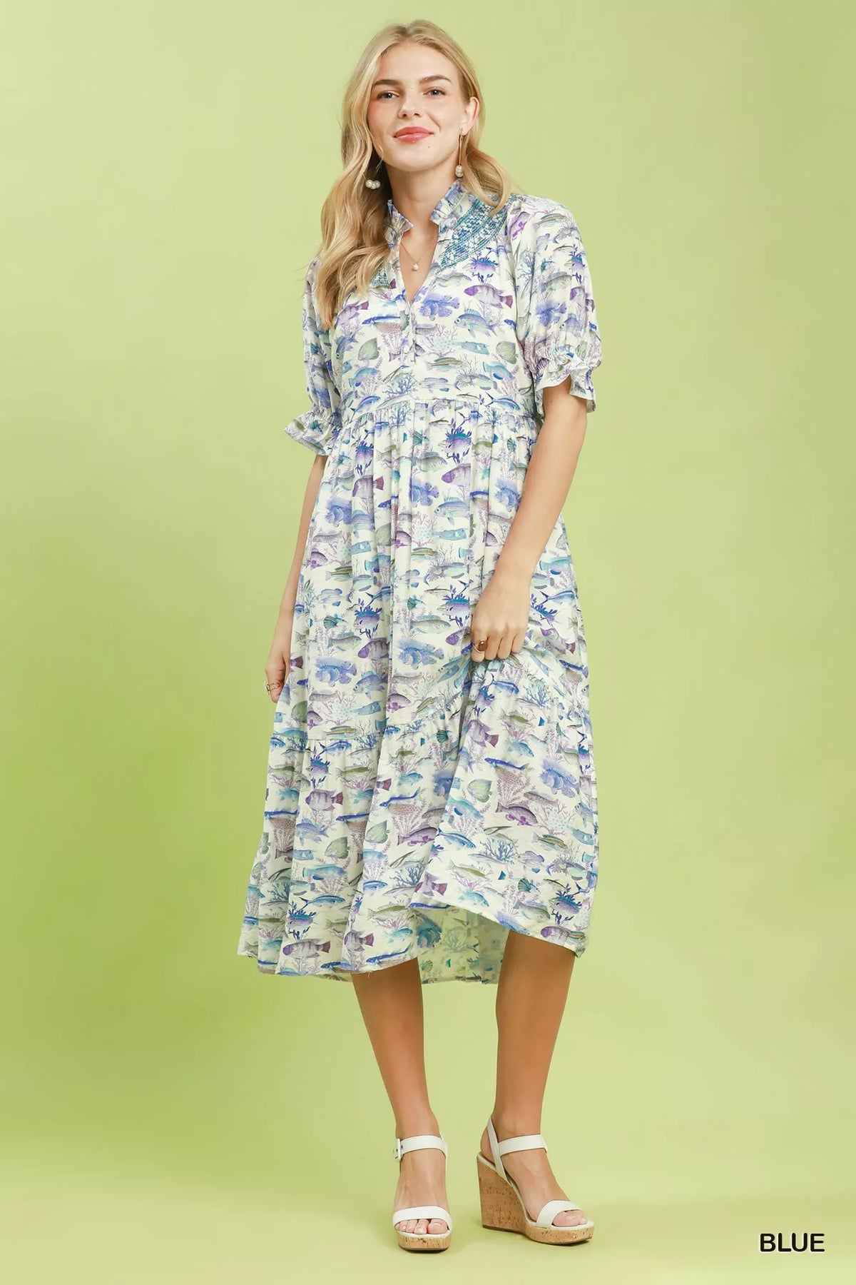 Blue print midi dress puff sleeve cuff detail