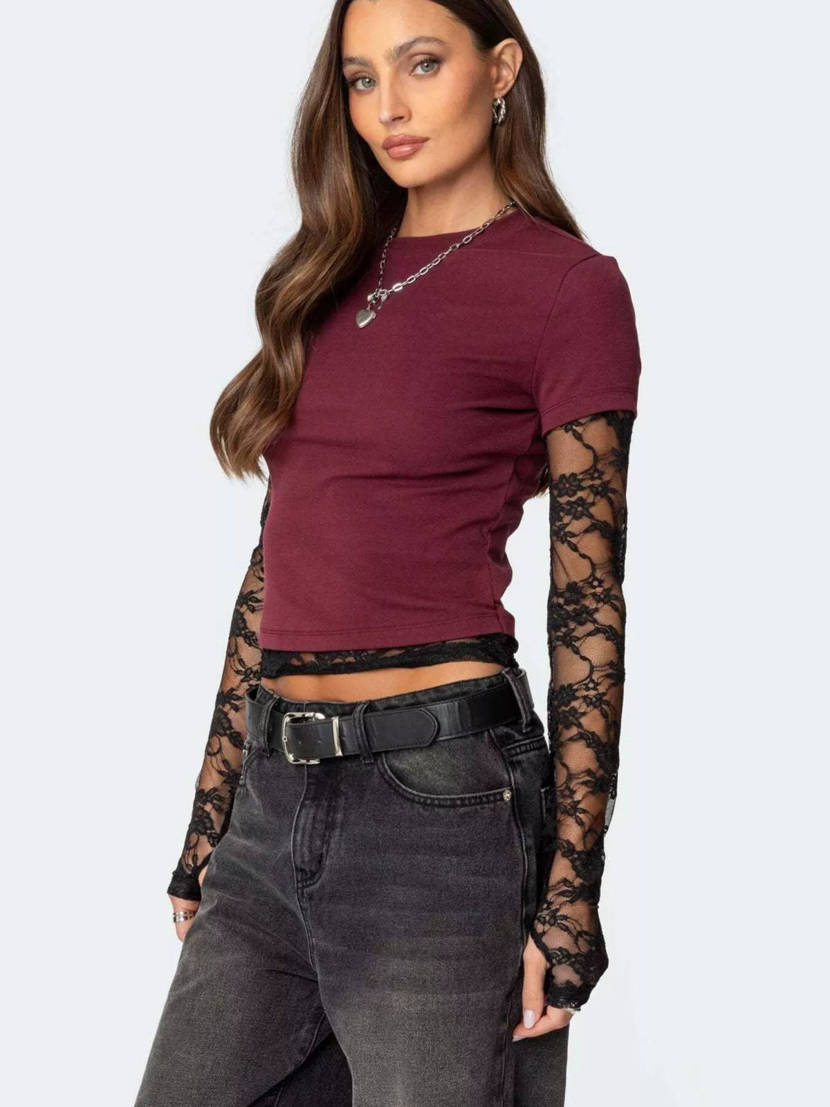 Cropped tee with sheer lace long sleeves front view