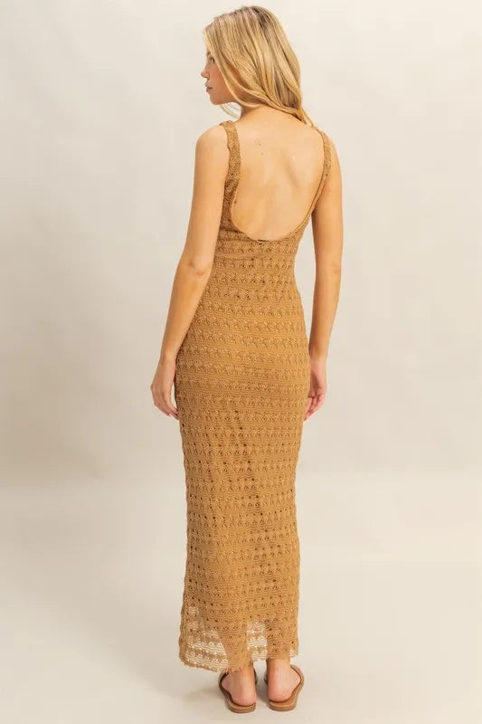 Light brown crochet maxi dress side view
