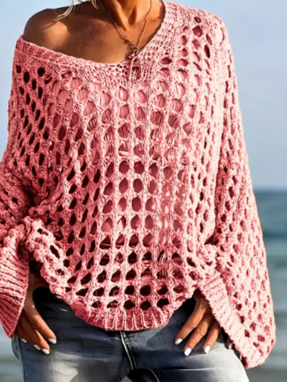 Crochet long sleeve knit cover up, hem detail