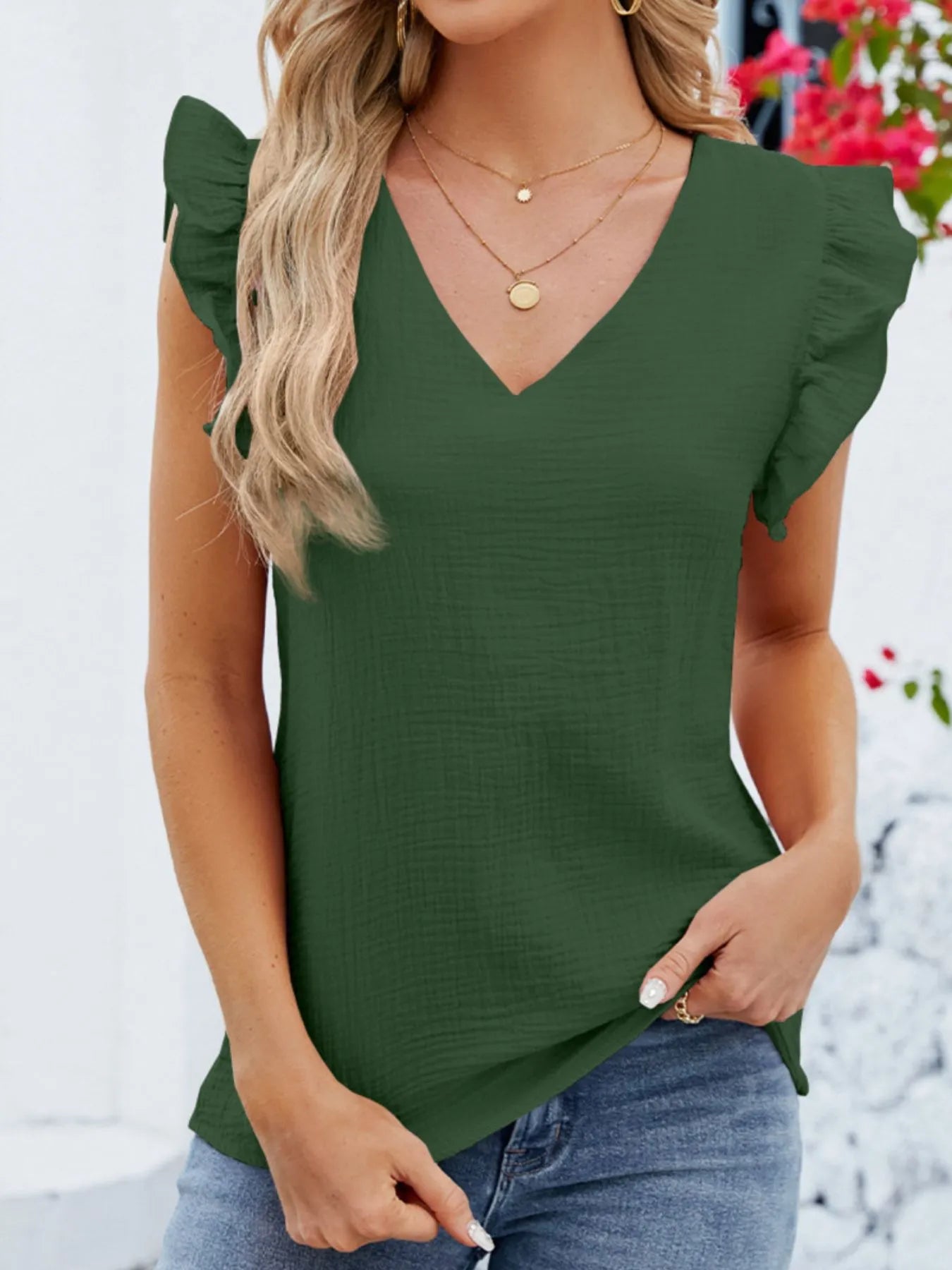 V-Neck Ruffled Sleeve Top - Fashorio