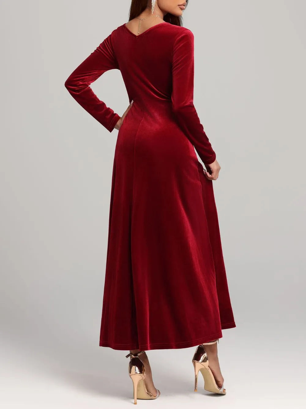 Deep red velvet dress square neckline detail