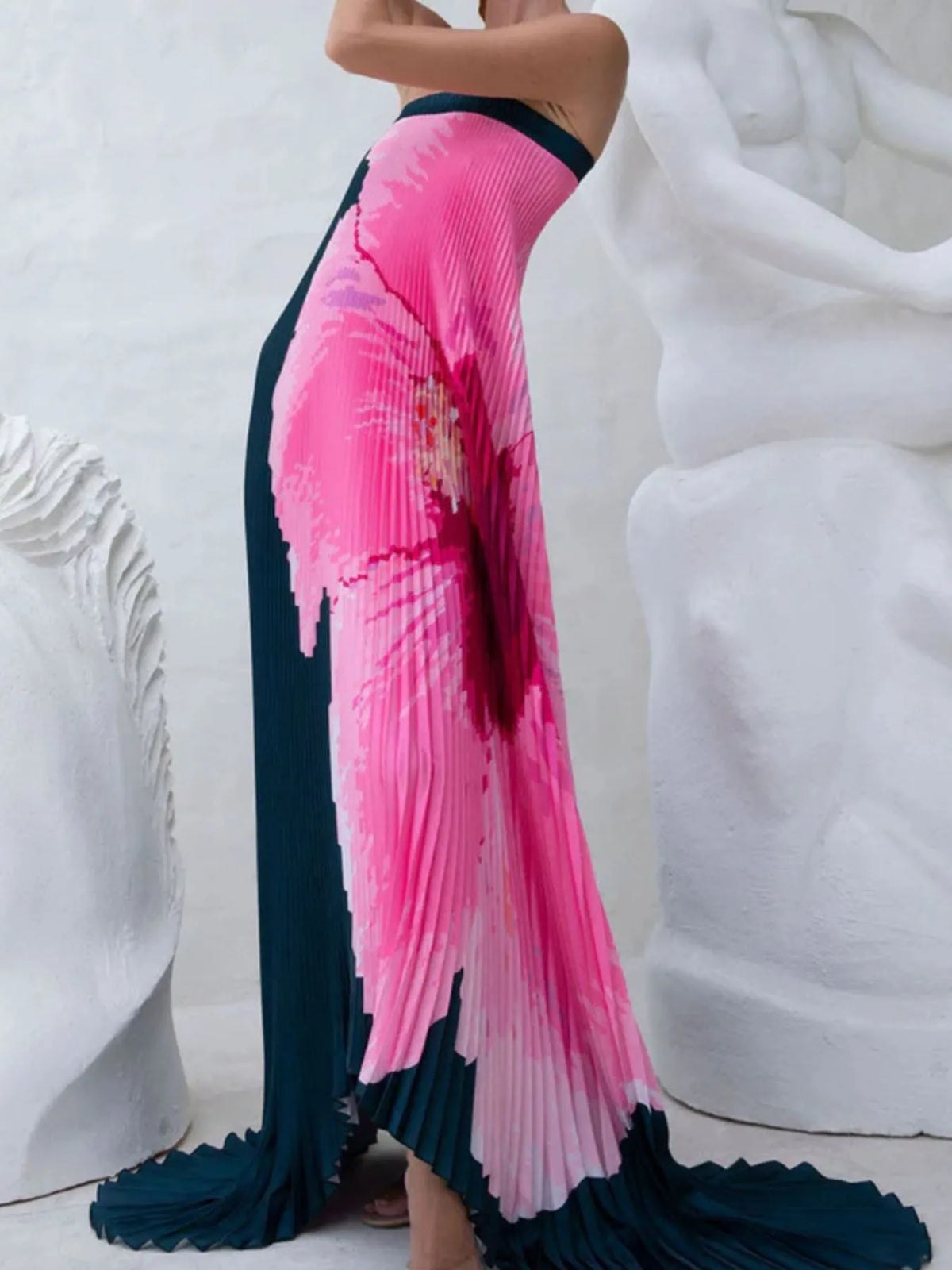 Pleated printed strapless tube floor length dress back detail