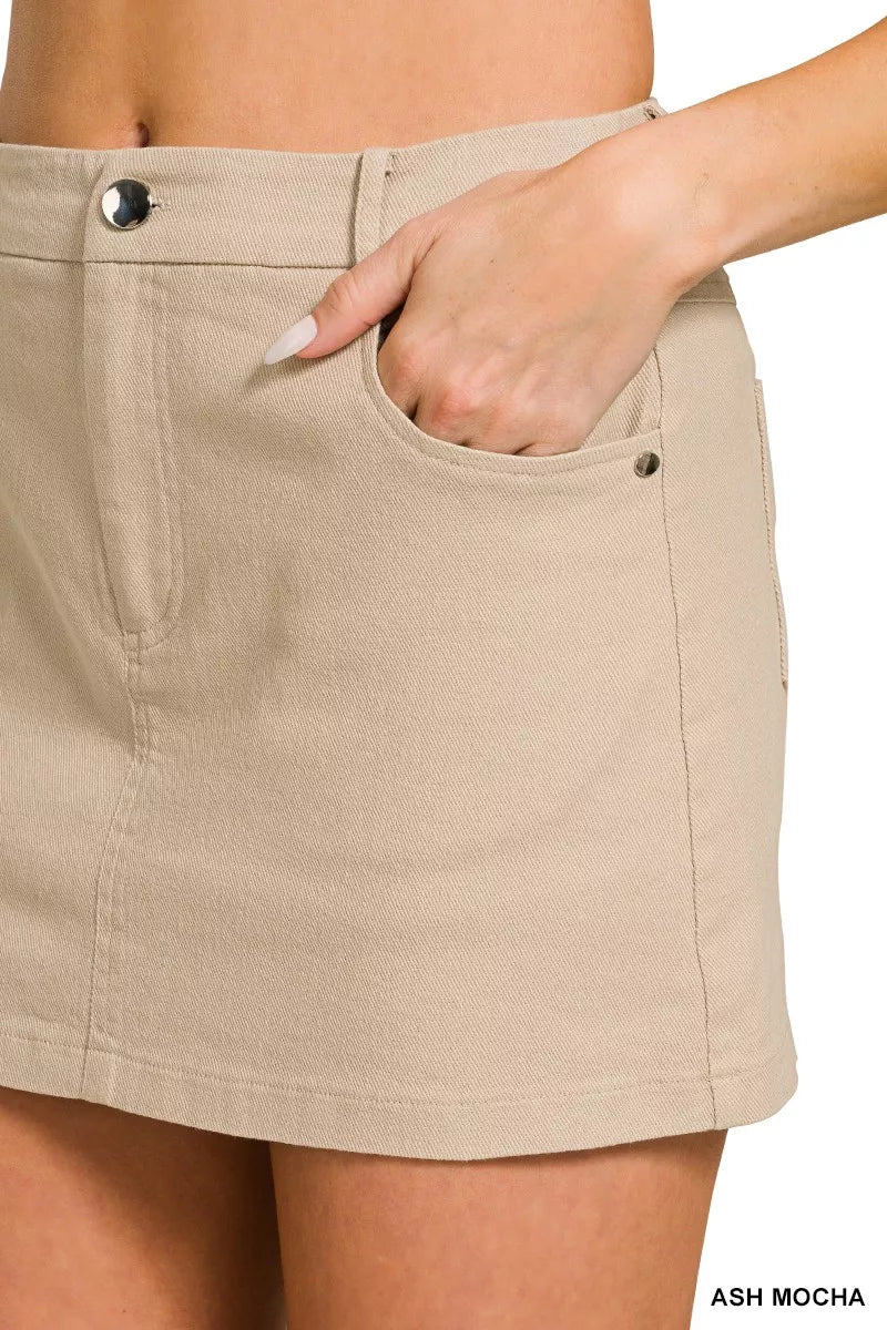 Ash mocha cotton twill mini skirt front view