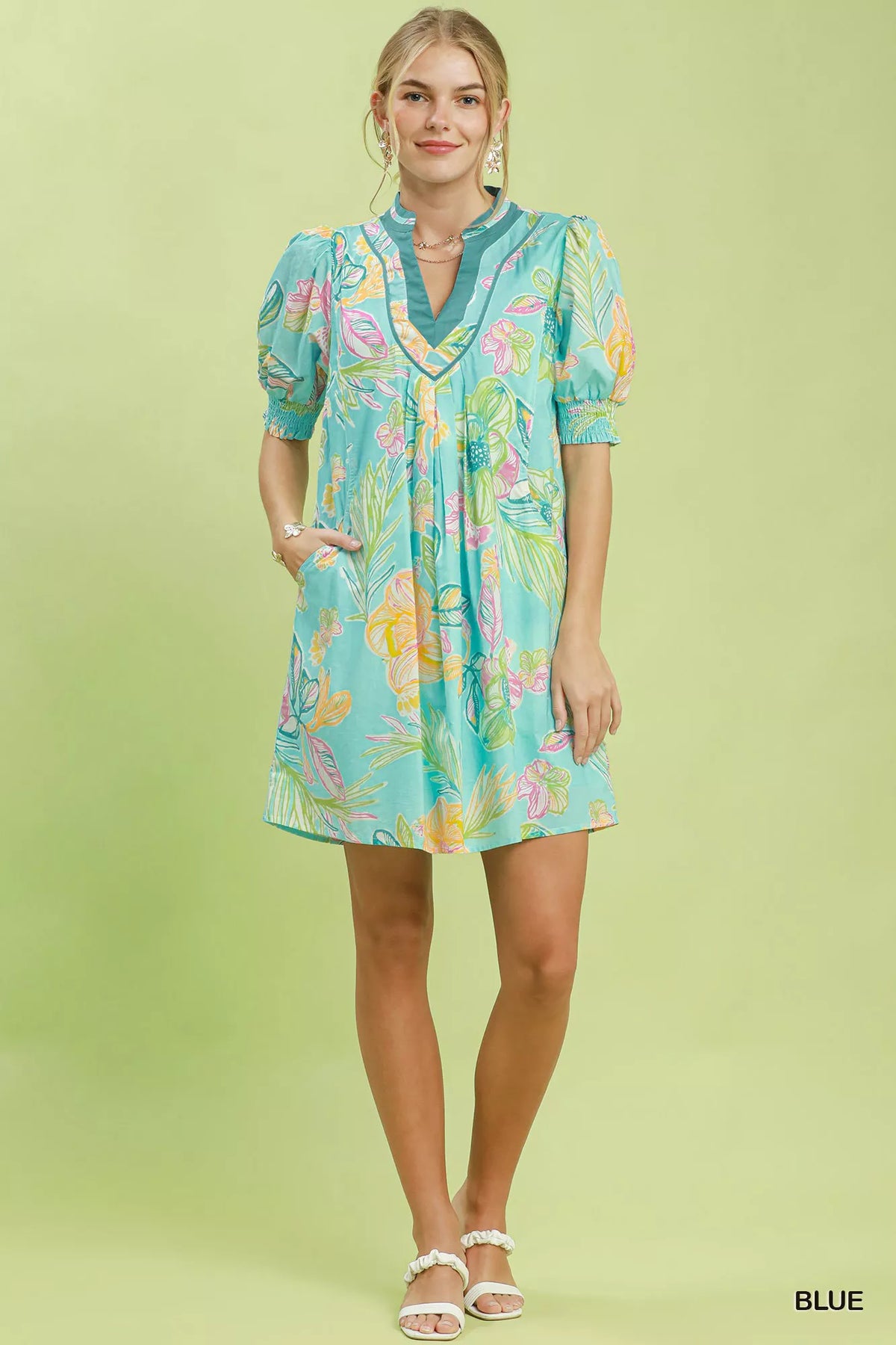 Umgee blue botanical floral print dress styled view