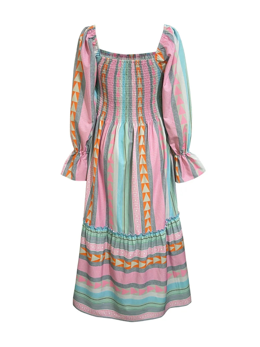 Blush pink striped ruffle maxi dress side view