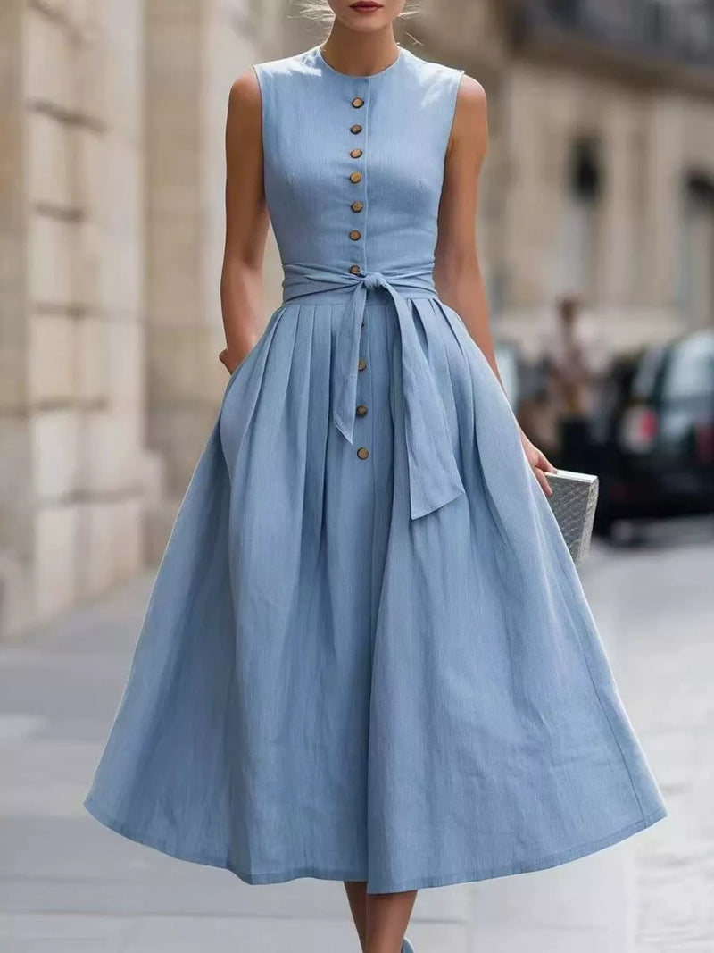 Belinda sleeveless button front belted midi dress shown on a model