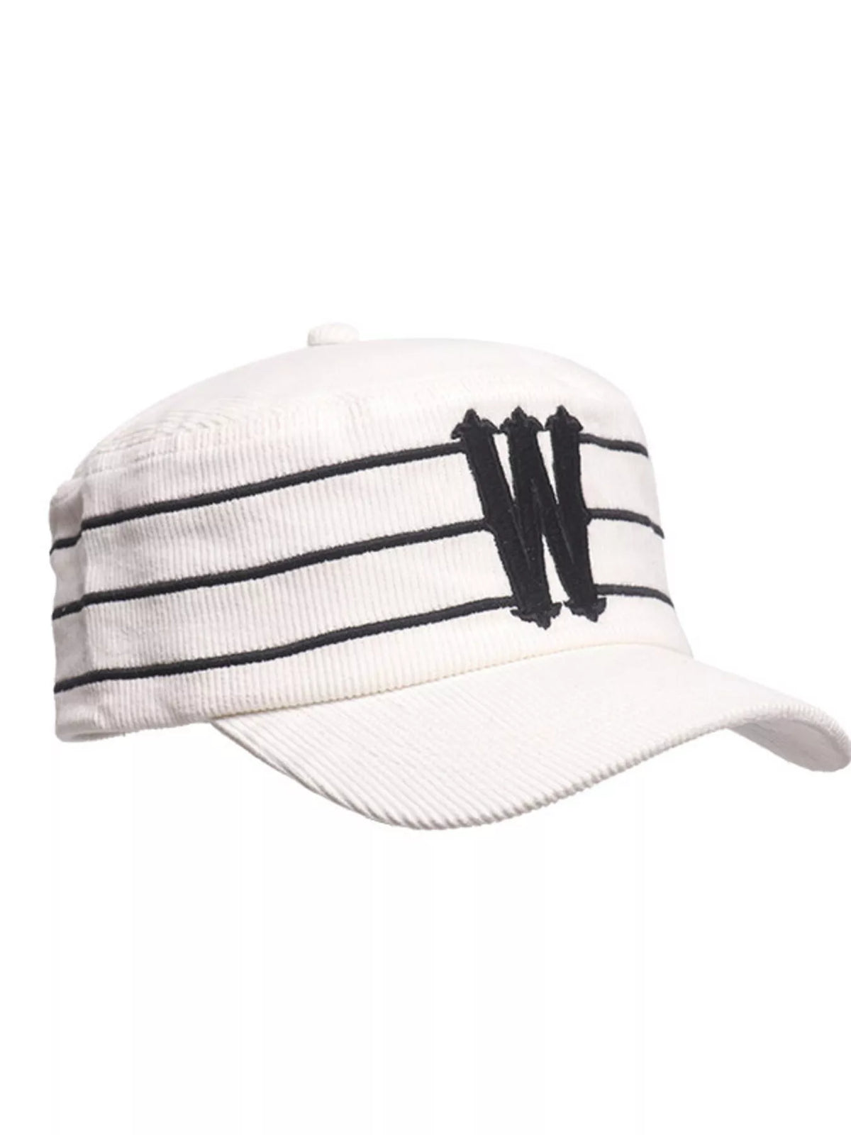Black striped letter cap front view