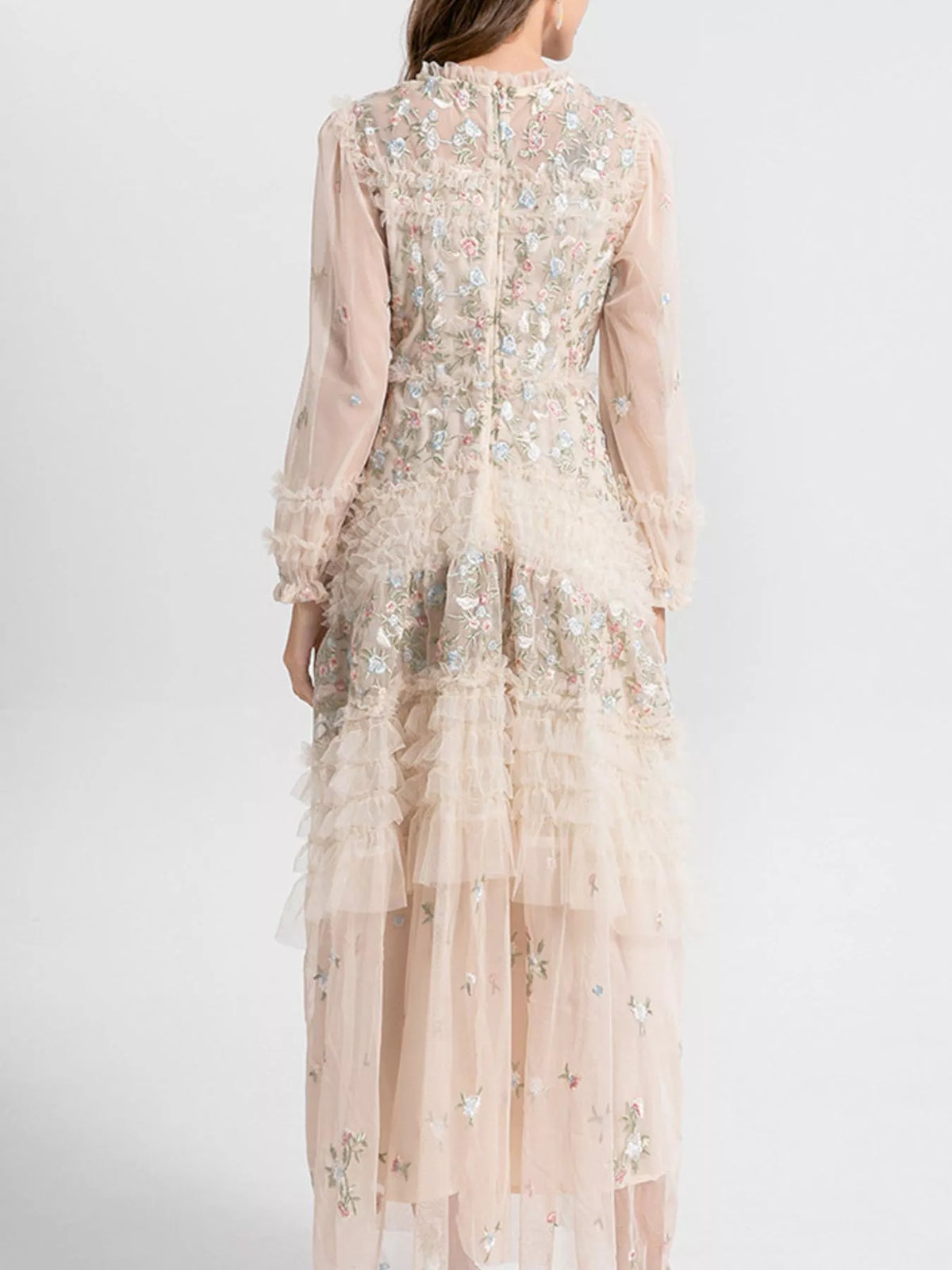 Apricot floral tulle layered maxi dress full length view