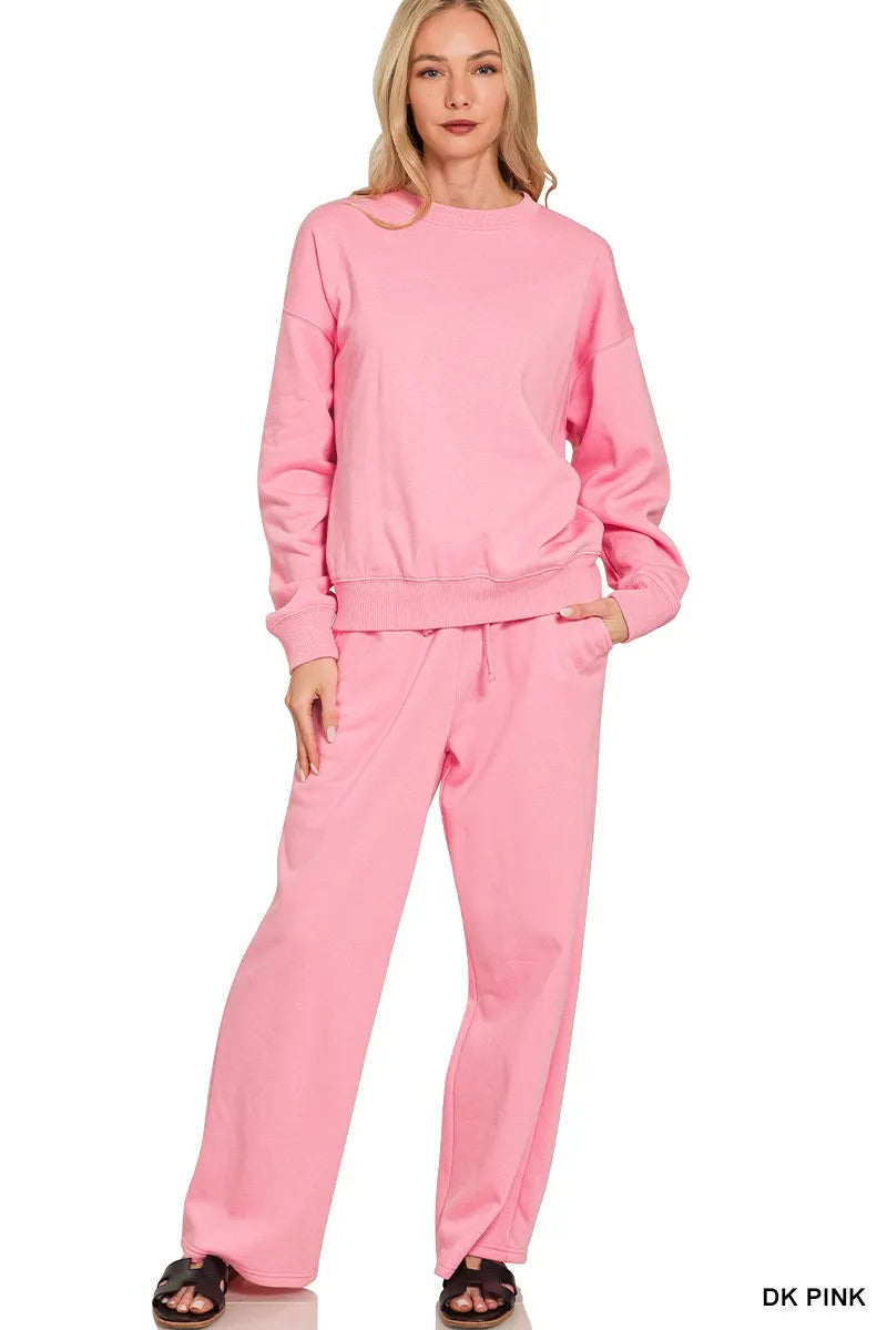 Zenana Fleece Long Sleeve Top and Sweatpants Set DK PINK - Fashorio