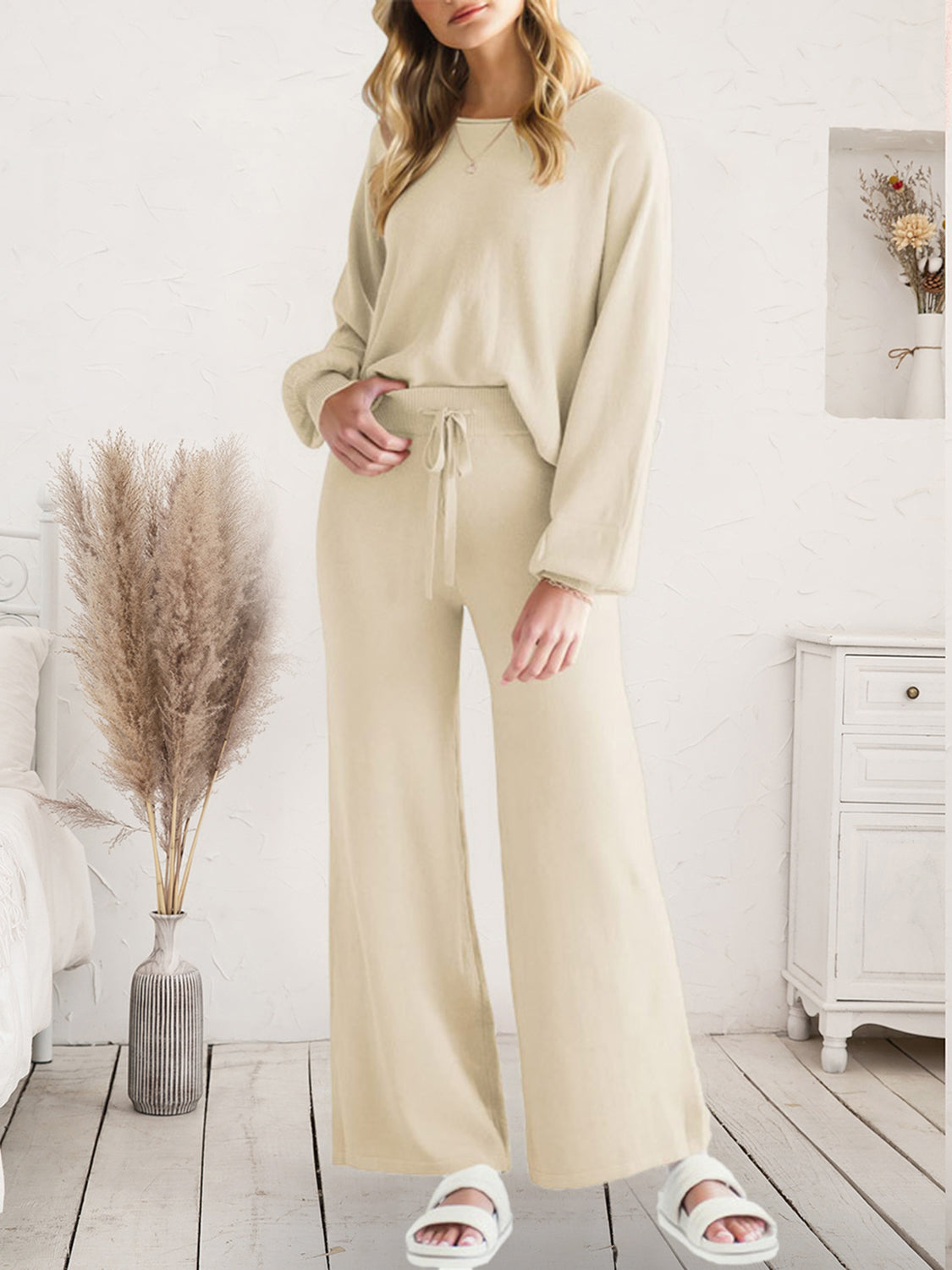 Long Sleeve Lounge Top and Drawstring Pants Set Ivory - Fashorio