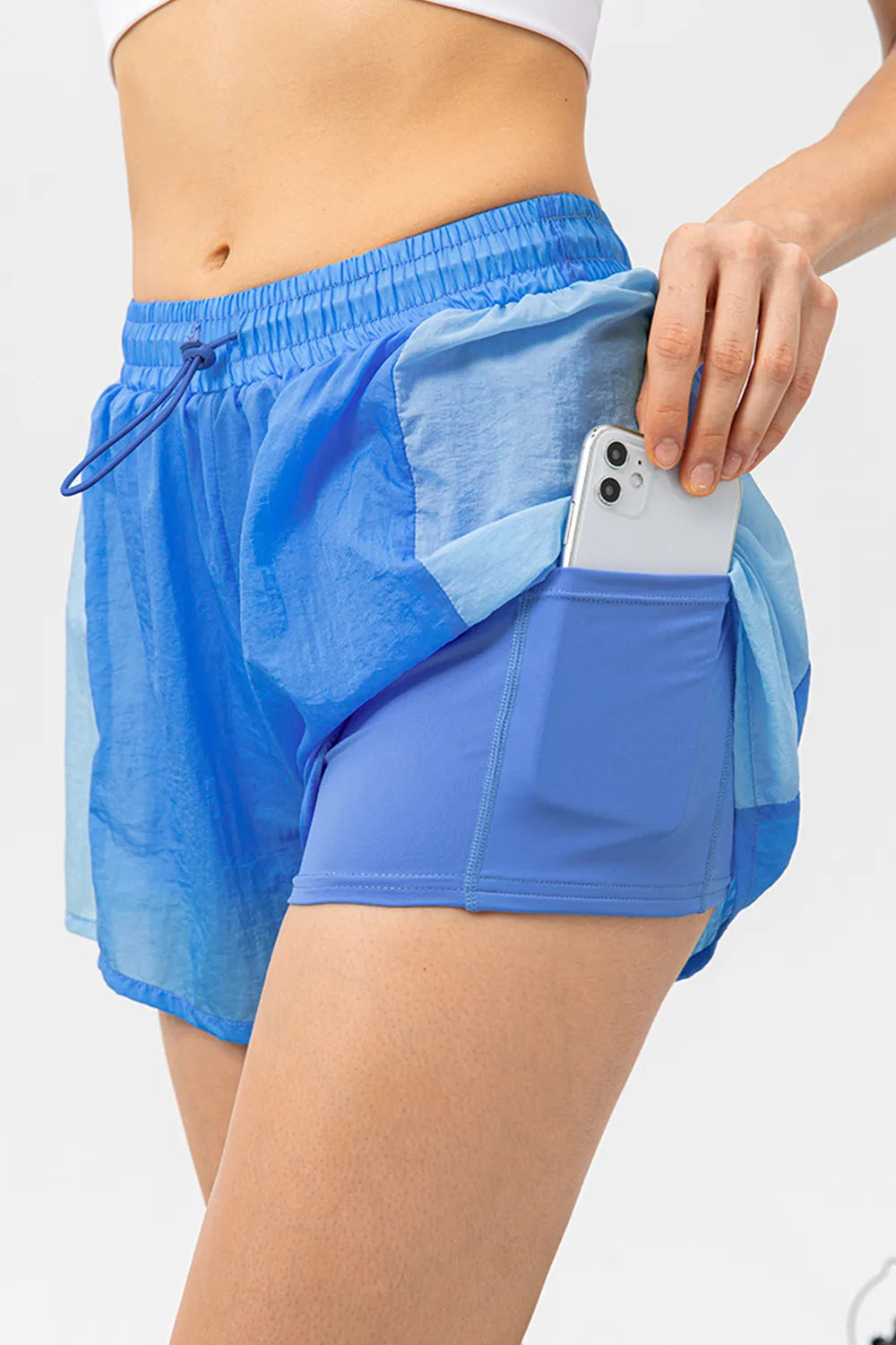 color block drawstring active shorts side view