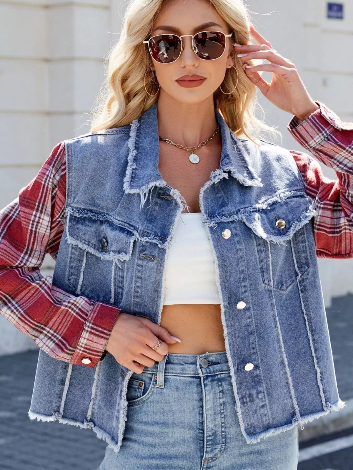 Plaid Sleeve Raw Hem Denim Jacket in Dusty Blue side view