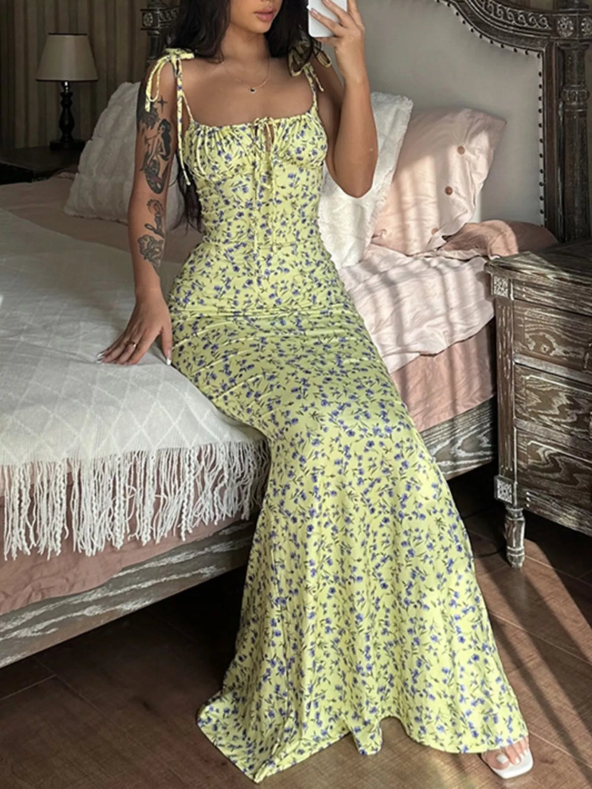 Floral tie strap bodycon maxi dress neckline detail