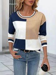 Color Block Round Neck Sweater with Ribbed Trim Blue White - Fashorio