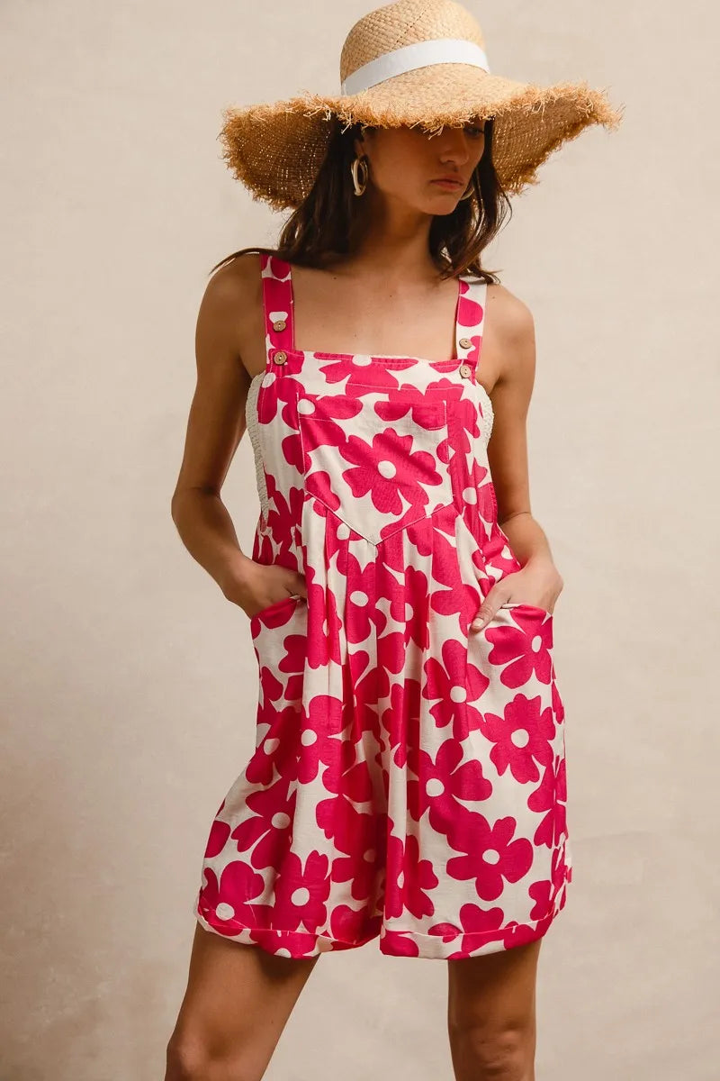 BiBi Floral Prints Tuck Detail Short Overall With Pockets - Fashorio