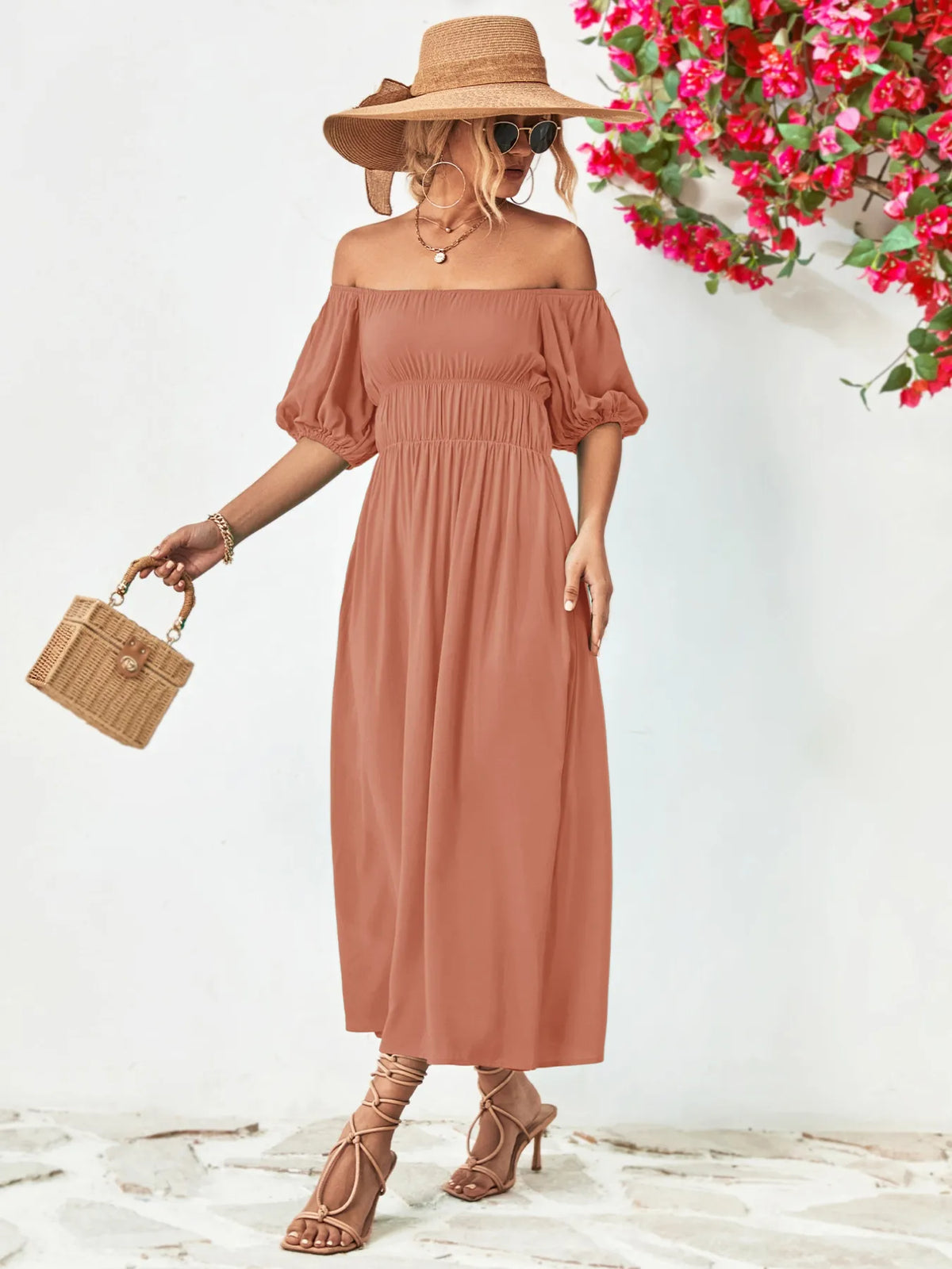 Off shoulder puff sleeve smocked maxi dress, seated styling view