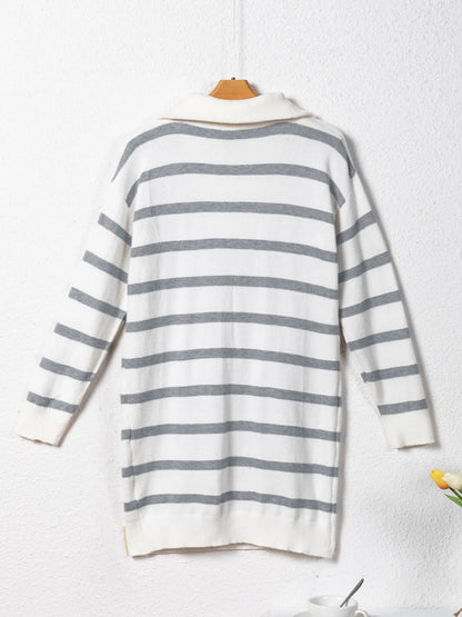 Striped O-ring Zip Collared Loose Sweater Mini Dress - Fashorio