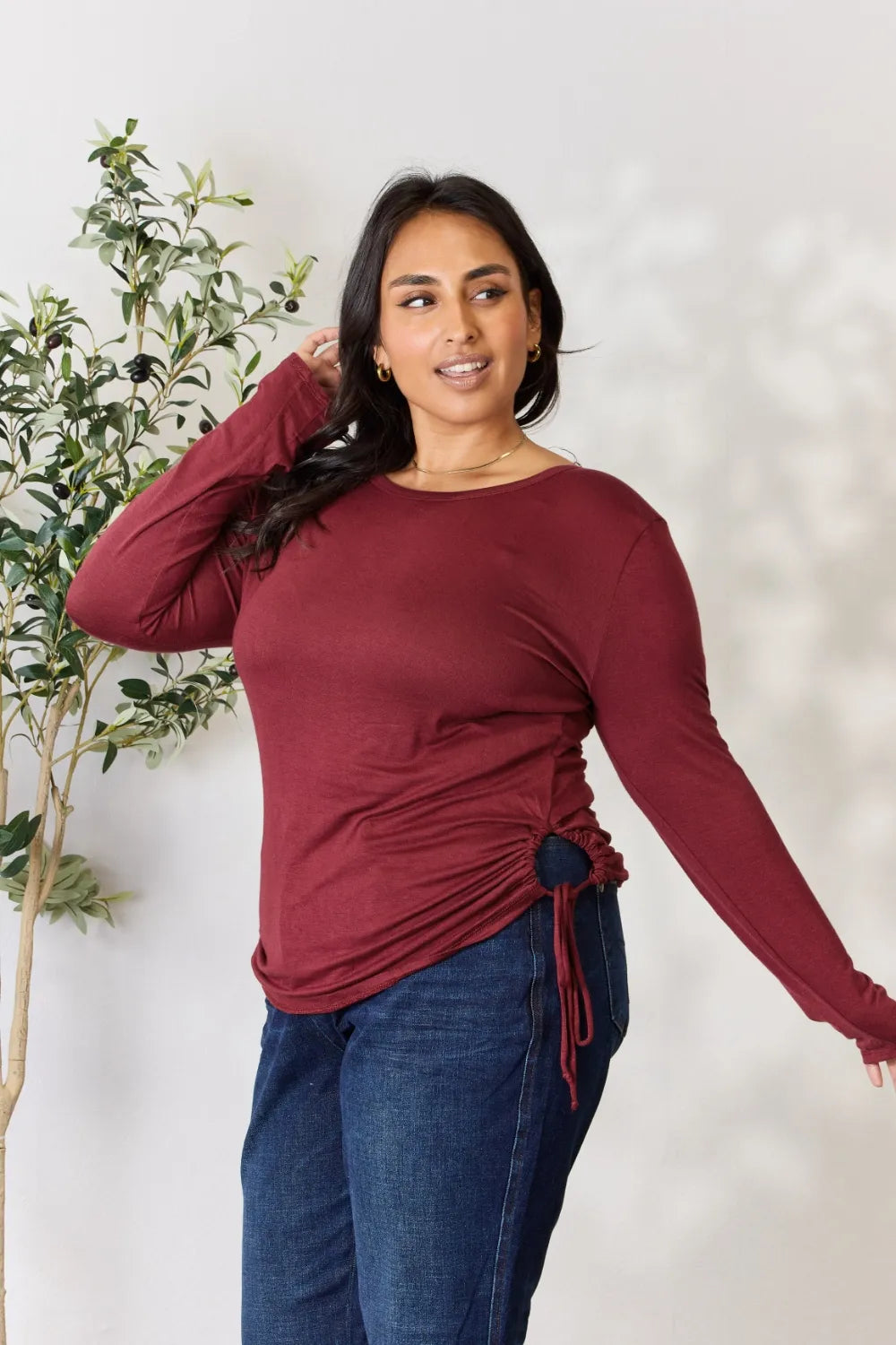 Culture Code Full Size Drawstring Round Neck Long Sleeve Top - Fashorio