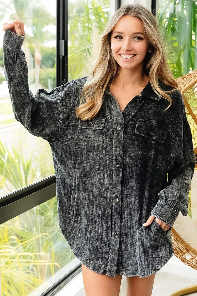 BiBi Vintage Washed Wrinkle Gauze Shacket - Fashorio