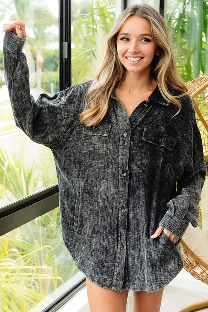 BiBi Vintage Washed Wrinkle Gauze Shacket - Fashorio