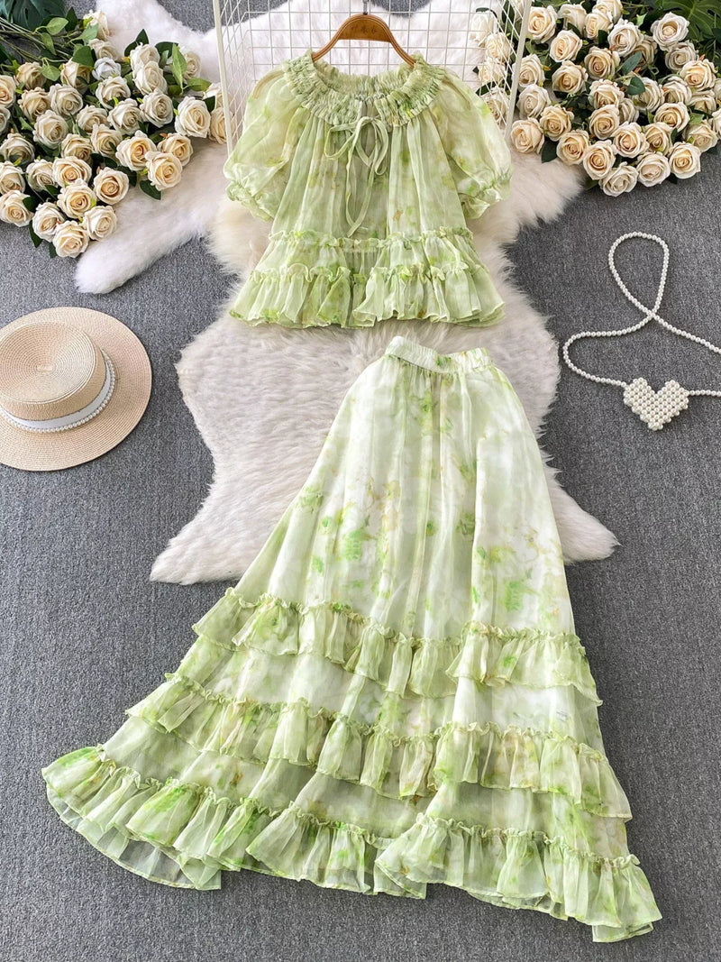 Floral ruffle hem blouse and skirt set front view