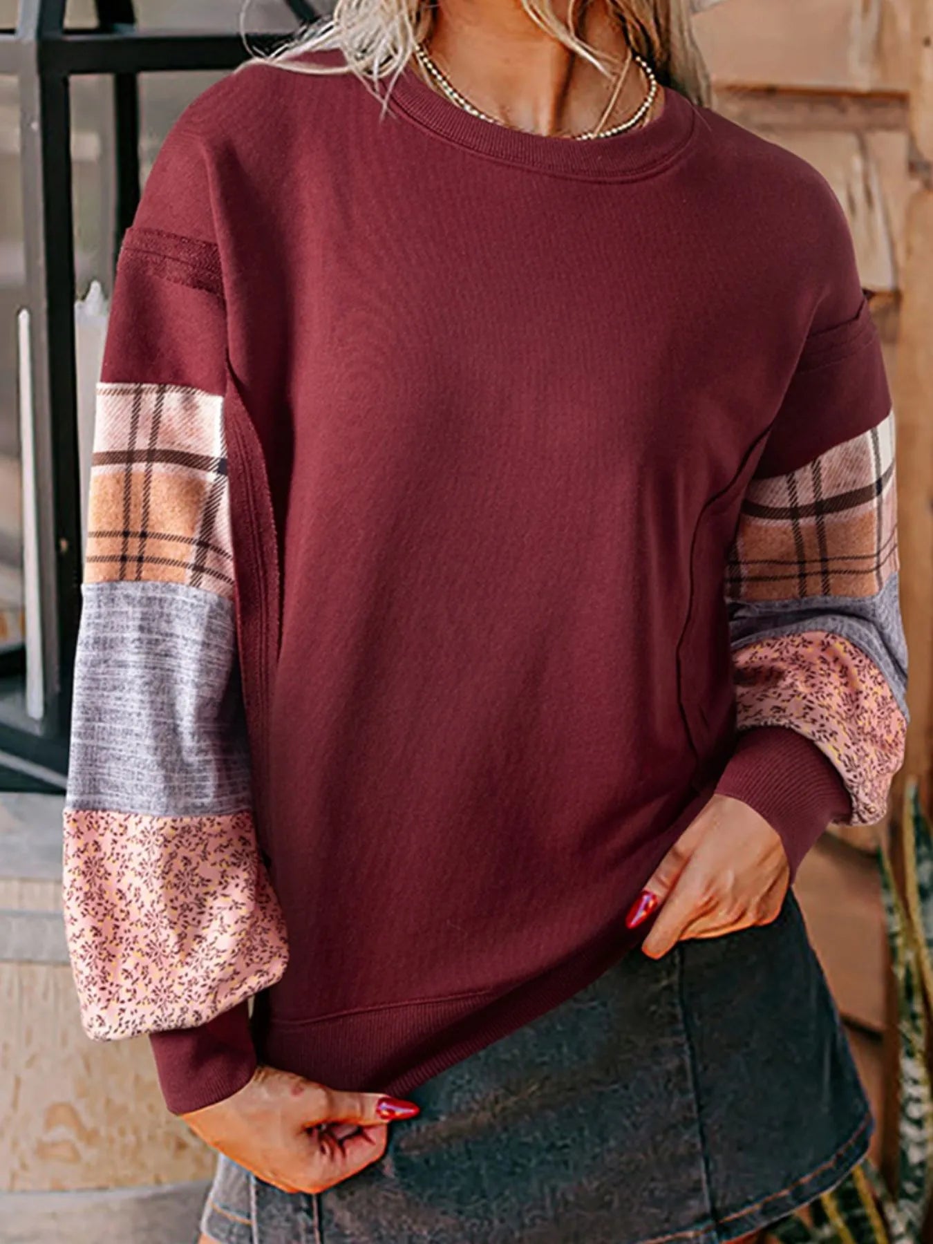 Multi-Pattern Long Sleeve Sweatshirt - Fashorio