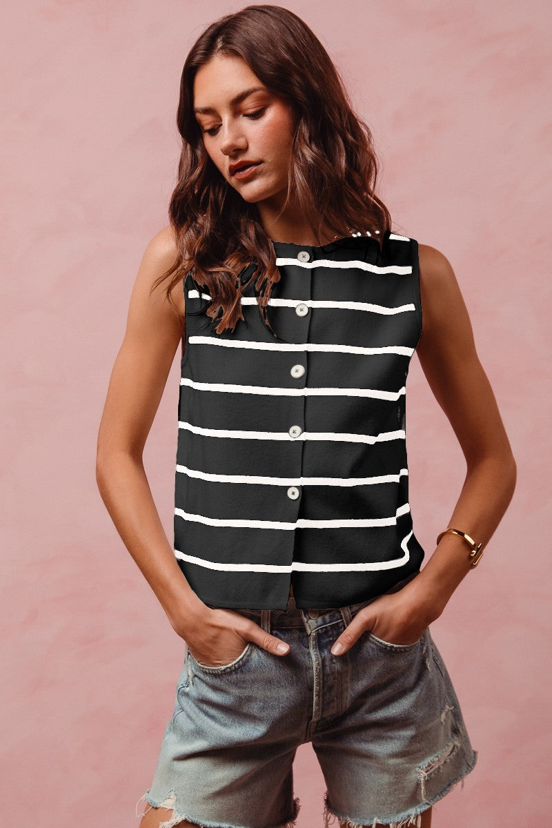Button front striped sleeveless sweater top front