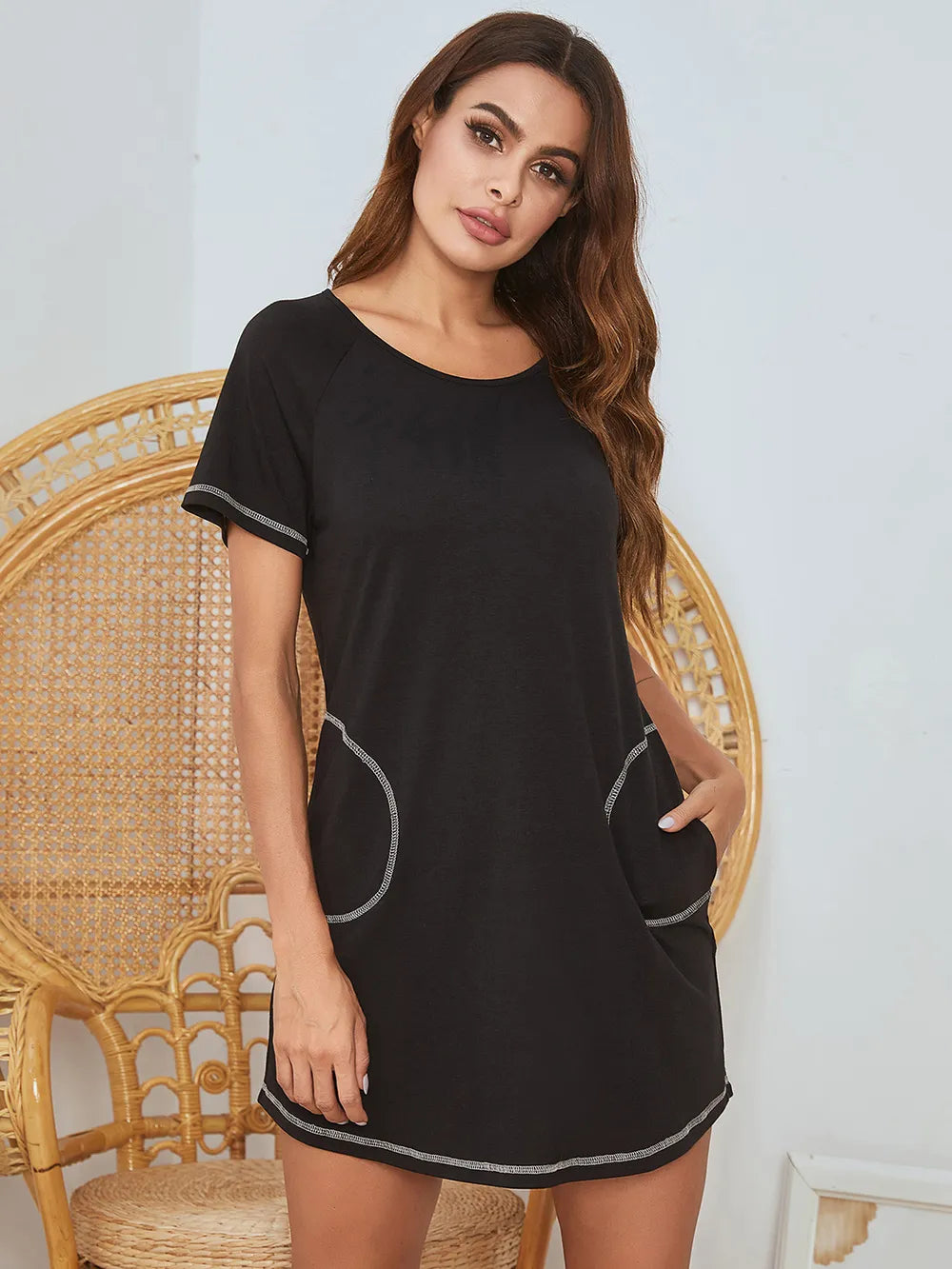 Round Neck Short Sleeve Lounge Dress - Fashorio