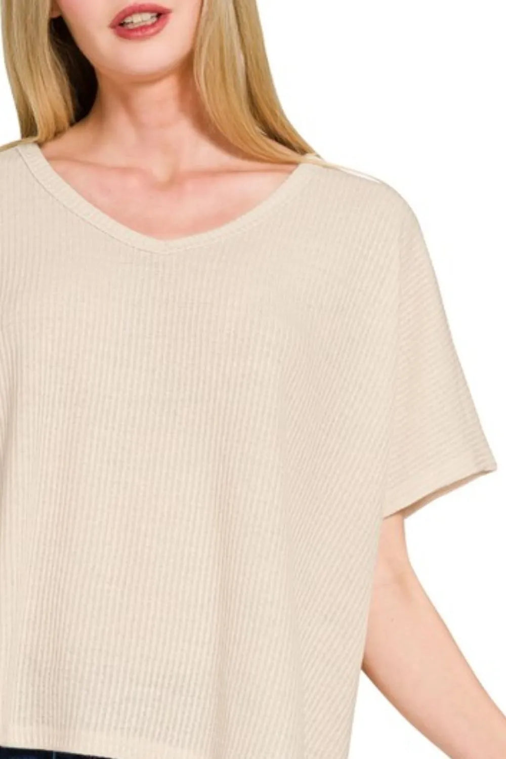 Zenana Ribbed V-Neck Short-Sleeve Knit Top - Fashorio