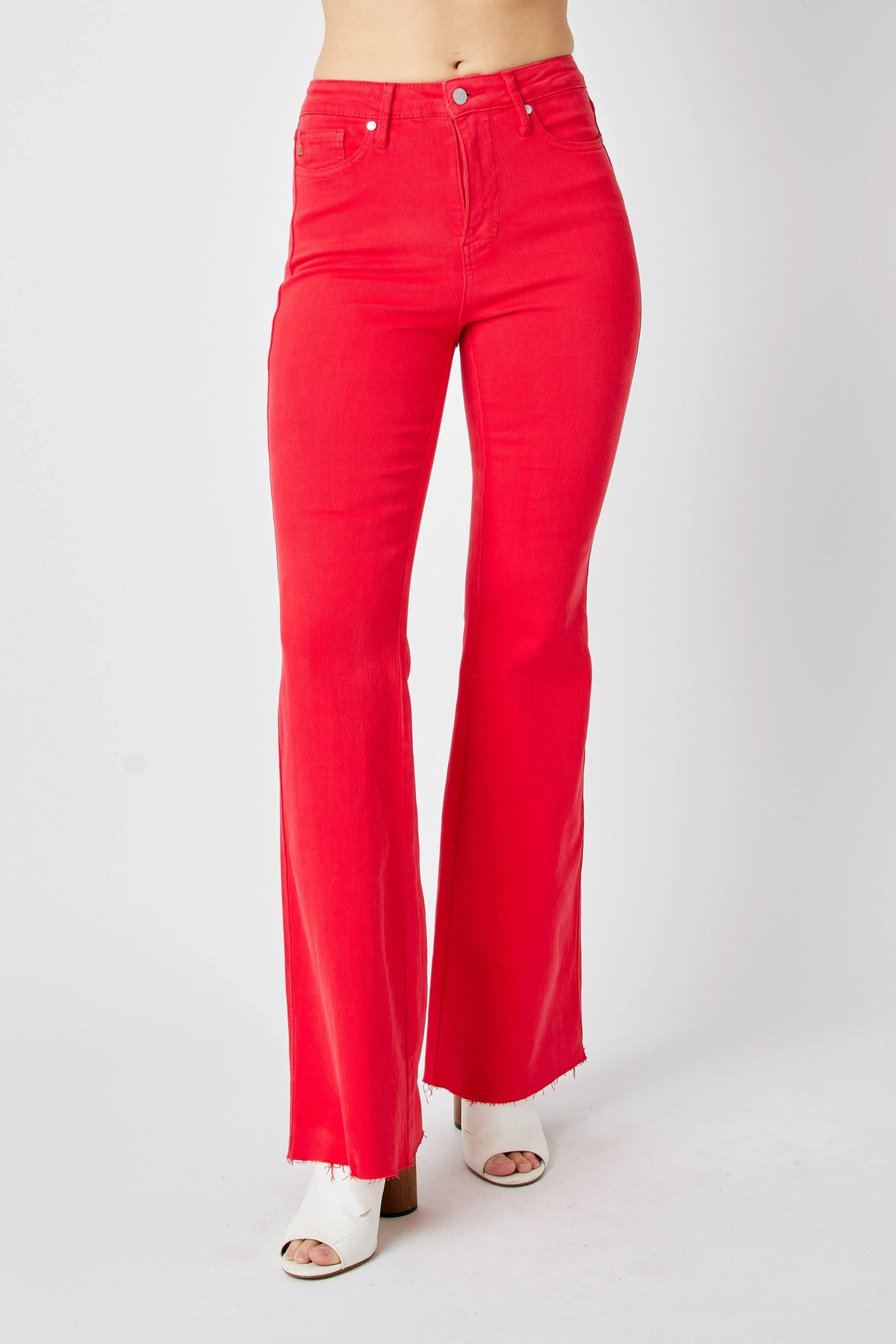 Judy Blue red garment dyed flare jeans front view