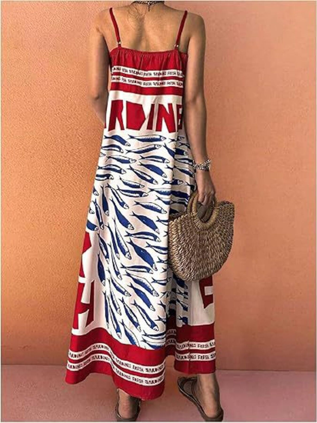 Sardine print spaghetti strap maxi dress side view