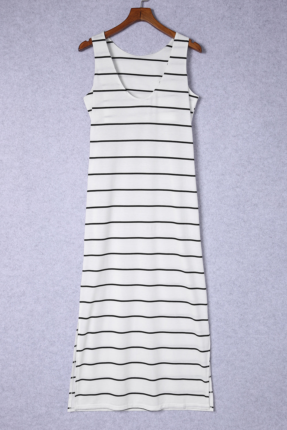 Striped Sleeveless Maxi Dress with Side Slit – Casual Summer Style White - Fashorio